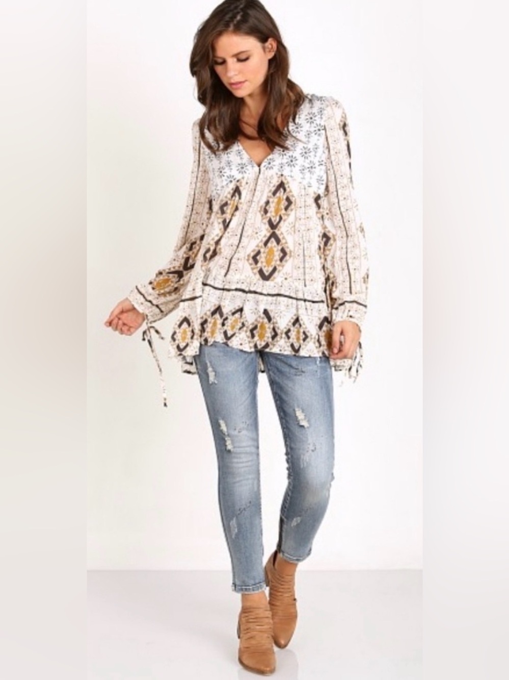 Free People V-Neck Tunic Dress Geometric Boho Print Long Sleeves Ruffled Hemline